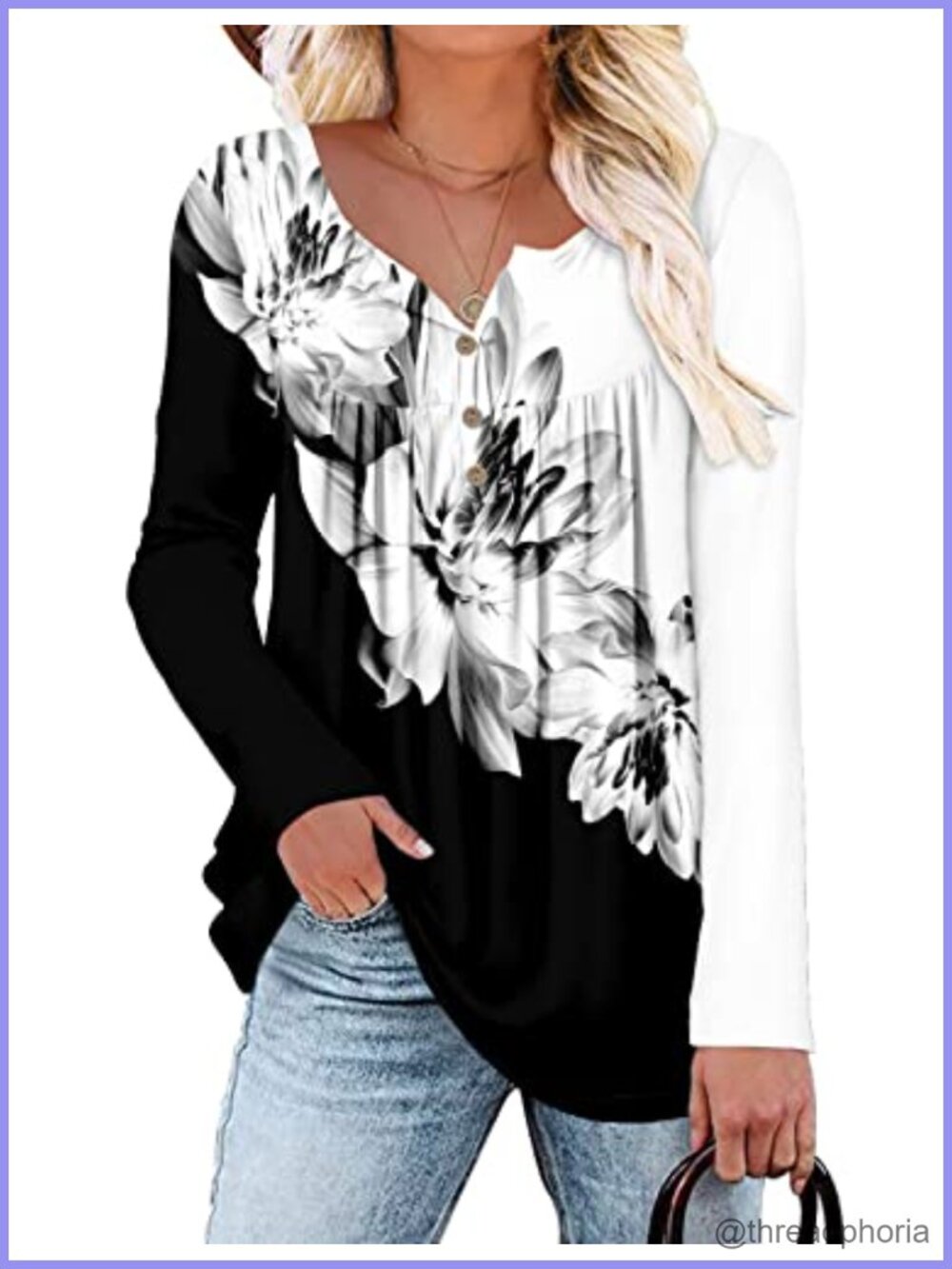 Womens Long Sleeve Tunic Top Floral Ruffle V-Neck Loose Fit Blouse
